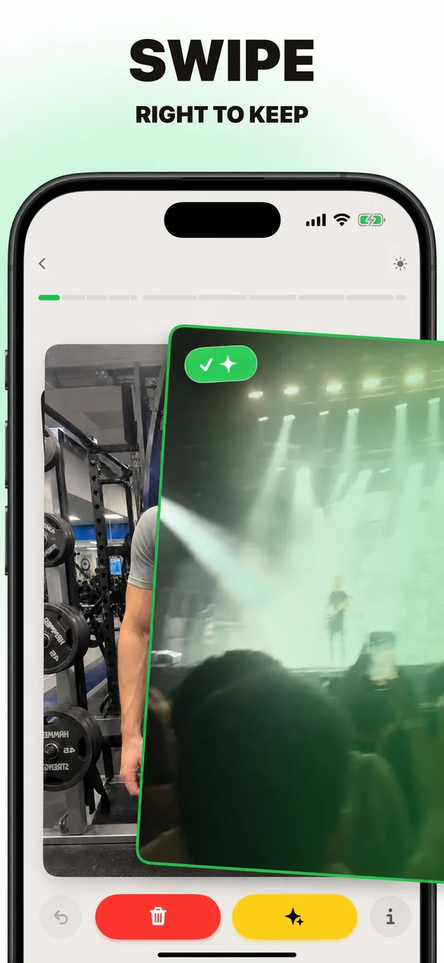 App screenshot: swipe right to keep a photo