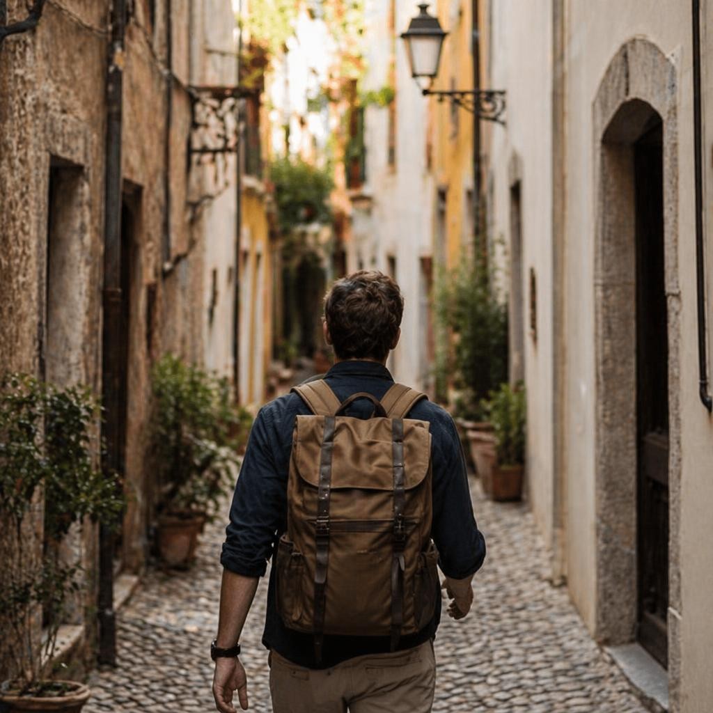 Traveler exploring a narrow European alley